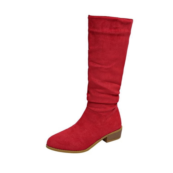 Red Pointed Toe Knee-High Boots For Women With Thick Heel Low Heel Design Casual Winter Wear