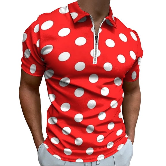 Red Polka Dot Background Men Zipper T-shirt Summer Casual Short Sleeve T-shirt Top