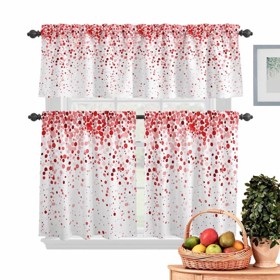 Red Polka Dot Kitchen Curtains Valances 3 Piece Set, Watercolor Red Gradient Rod Pocket Tier Curtain and Valance Drapes for Small Window 36 Inch Length for Bedroom Cafe