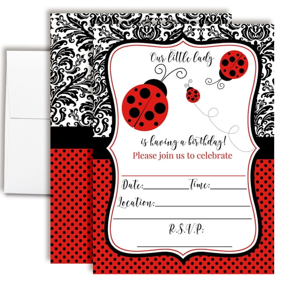 Red Polka Dot Ladybug Birthday Invitations for Kids, 20 Fill-In Cards with Envelopes, 5x7 Children's Birthday Party Invitations, Birthday Party Supplies, Made in USA by Amanda Creation