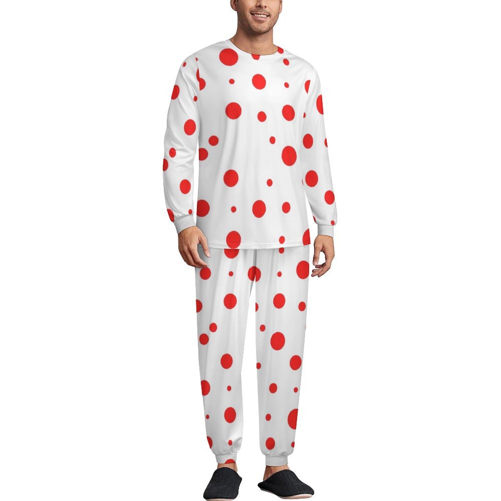 Red Pj Pattern Red Polka Dot Pattern Pajamas Men Home Suit Winter Long Sleeve 2 Piece ...