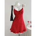 thumbnail image 1 of Red Polka Dot Ruffle Hem Tie-Front Spaghetti Strap Cami Mini Dress, 1 of 6