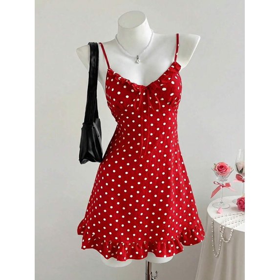 Red Polka Dot Ruffle Hem Tie-Front Spaghetti Strap Cami Mini Dress