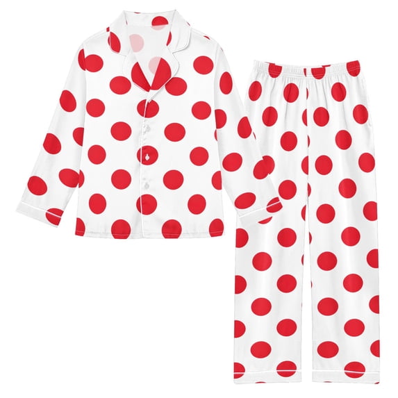 Red Bottern Red Polka Dots Pattern Satin Pajama Set Soft Breathable Button Down 2 ...