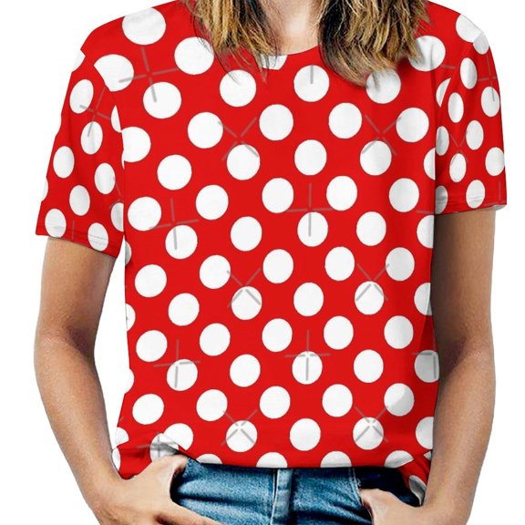 Red Polka Dots Pattern Women's Short Sleeve T-Shirt Crew Neck Casual Summer Trendy Loose Fit Tops