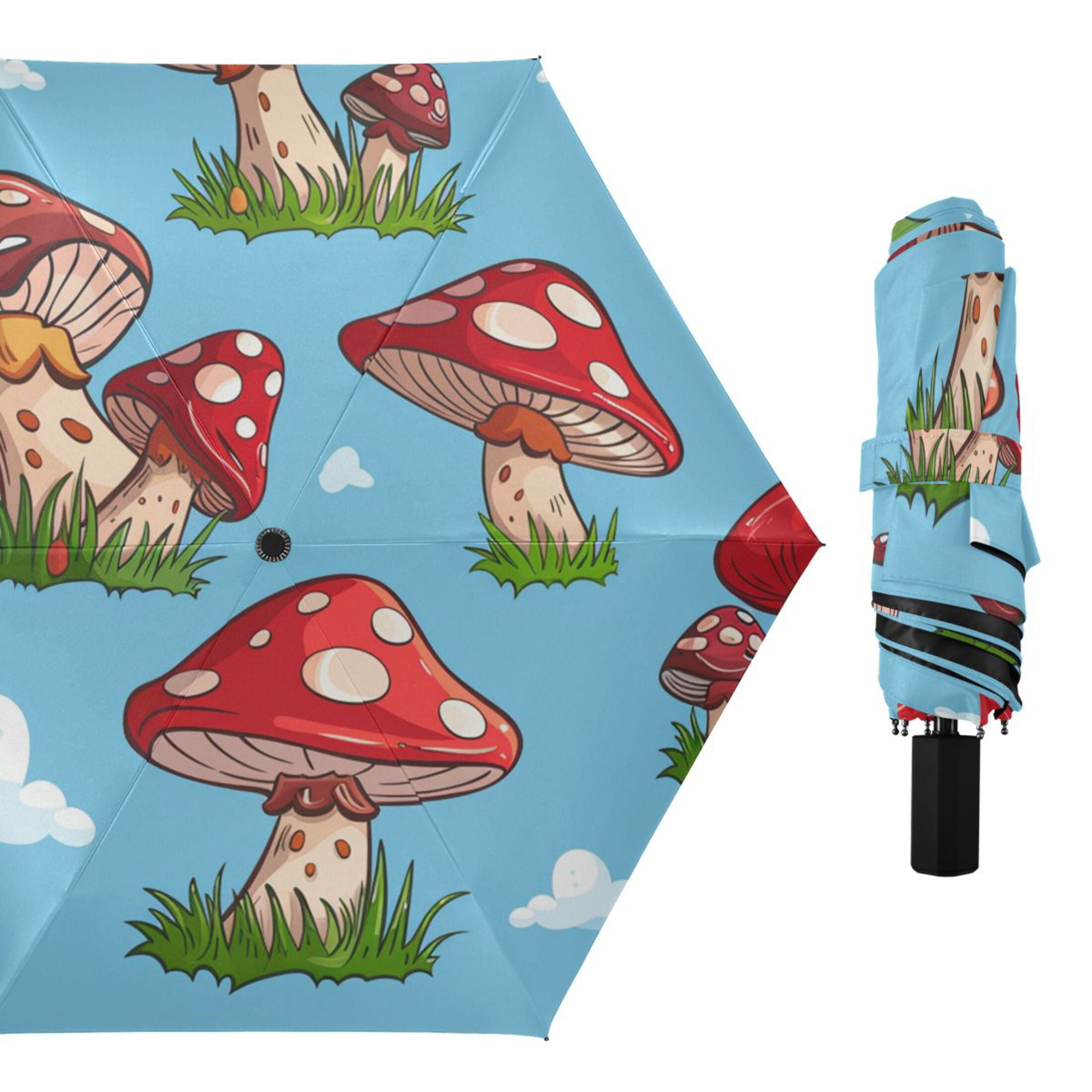 Red Polka-dot Mushrooms Grass Clouds All Weather Umbrella Triple