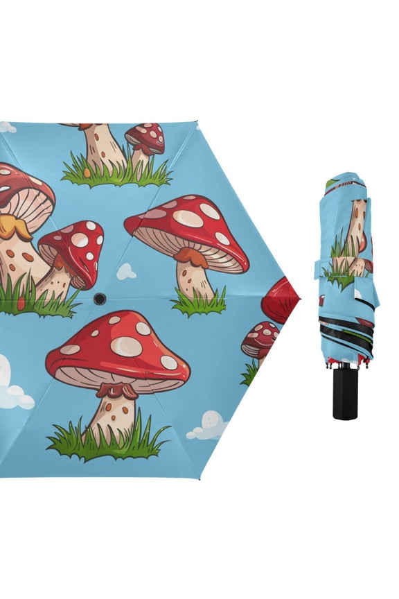 Red Polka-dot Mushrooms Grass Clouds All Weather Umbrella Triple Folding Parasol 6 Ribs UV Protection Portable
