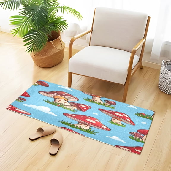 Red Polka-dot Mushrooms Grass Clouds Plush Carpet Non Slip Runner Rug Absorbent Bath Mat 39" x 20"