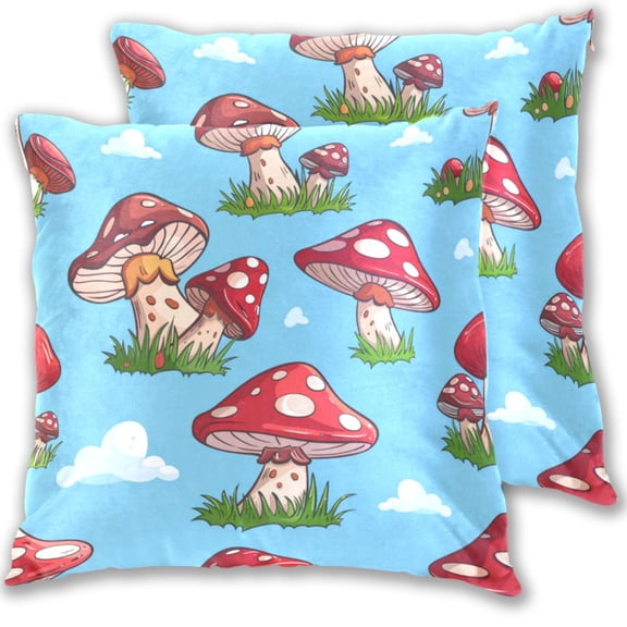 Red Polka-dot Mushrooms Grass Clouds Throw Pillow Covers Pillowcases 20 x 20 Inch Home Decor 2 Packs for Bedroom Sofa