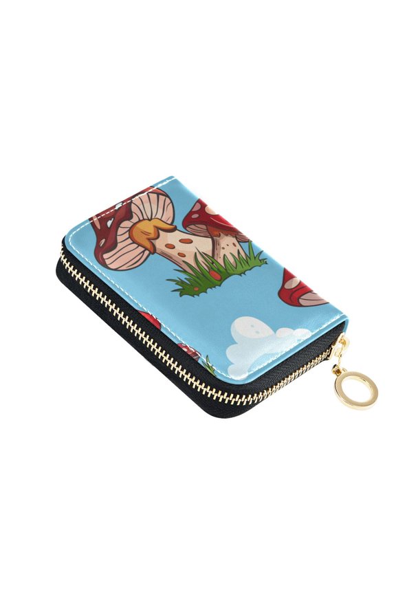 Red Polka-dot Mushrooms Grass Clouds Women's Credit Card Holder PU Leather Zipper Wallet RFID Blocking