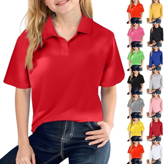 Red Polo Shirts Girls Short Sleeve School Uniform Shirt Classic Color Button Down Top Comfortable Tee 6-11 Years