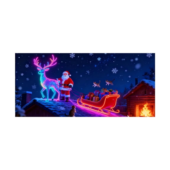 Red Polyester Santa and Reindeer Holiday Banner Classic Lights Design for Outdoor Garage Door Christmas Party Decoration, 480X210cm