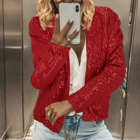 Red Polyester Sequin Sequin Wide Neck Weekend Women's Casual Jackets, Women Casual Fashion Urban Sequin Sequins Sparkling Cardigan Jacket