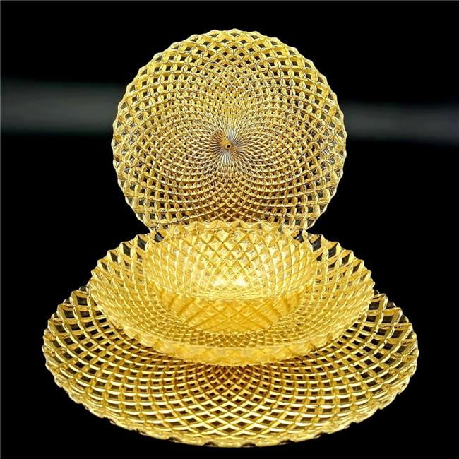 Pavo Gilded Glass Dinnerware Set with Diamond Pattern, Gold, Service for 6