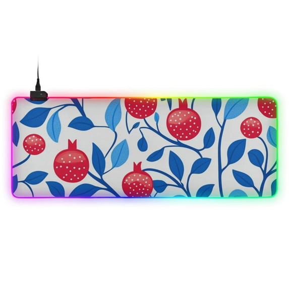 Red Pomegranate and Blue Leaf Illustration RGB Gaming Mouse Pad Large Keyboard Mat Rubber Base 13 Light Modes