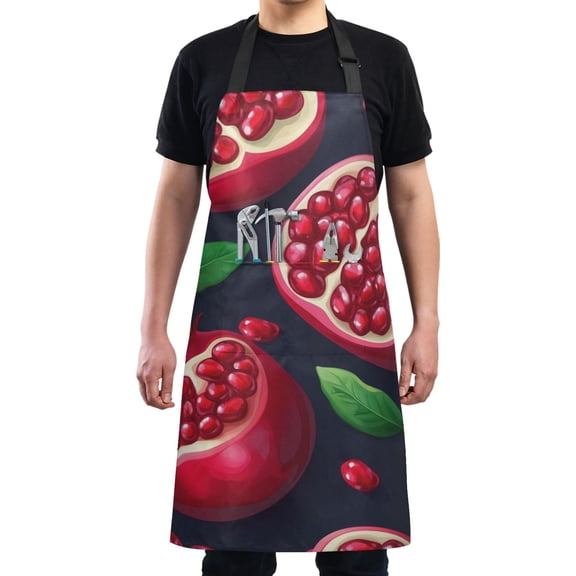 Red Pomegranate on Black Chef Kitchen Apron with Pockets for Women Waterproof Aprons for Cooking Baking