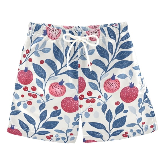 Red Pomegranate with Blue Leaves on White Background Boys Swim Trunks Quick Dry Boy Swim Shorts for 3-14 Years