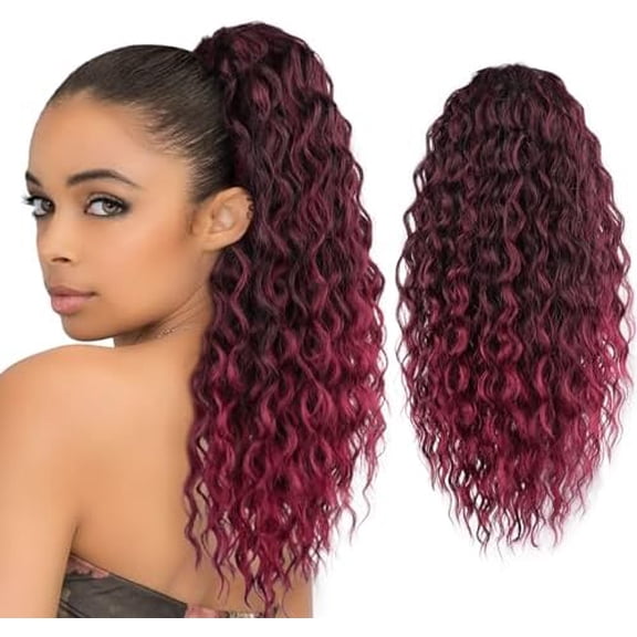Red Ponytail Extension Curly Drawstring Ponytail Synthetic Wavy Pony Tails Hair Extensions Clip in Ponytails 20Inch Fluffy Hairpiece