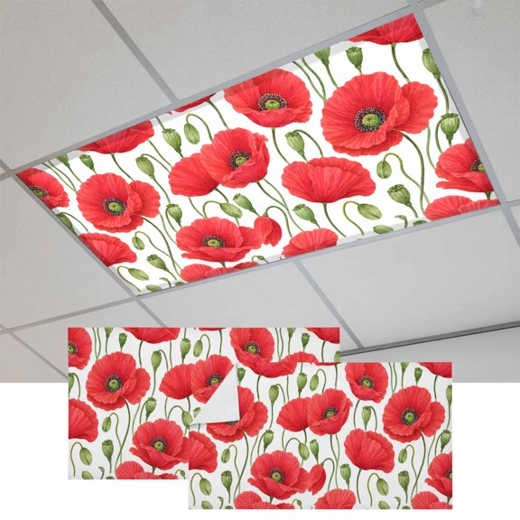 Red Poppies 2 Pcs Fluorescent Light Covers 4 x 2 Feet, Modern Red Floral Buds Stems Foliage Garden Farmhouse Covers for Ceiling Lights Magnetic Light Cloth Filter for Classroom Office Home