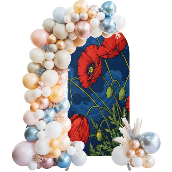Red Poppies Arch Backdrop Cover 4 FT, Garden Plants Flowers Fluffy Clouds Blue Sky Bohemian Wedding Arch Cover Stretchy Backdrop Stands Covers for Birthday Party Ceremony Banquet Decor