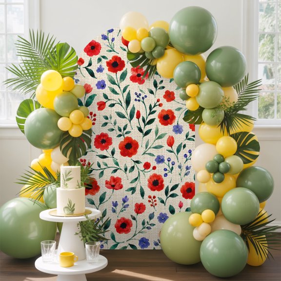 Red Poppies Arch Backdrop Cover, 4FT, Whimsical Red Blue Floral Vines Green Leaf Linen Texture Spandex Arch Covers Double-Sided Backdrop for Wedding Birthday Party Photo Background Decoration