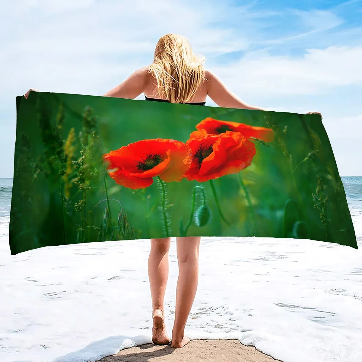 Red Poppies Beach Towel QuickDrying and Absorbent Lightweight Compact