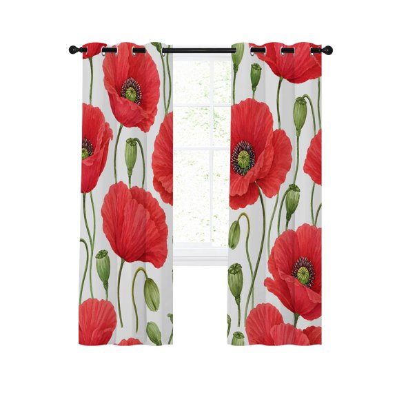 Red Poppies Blackout Curtains for Bedroom Living Room, Modern Red Floral Buds Stems Foliage Garden Farmhouse 63 In Long Thermal Insulated Room Darkening Drapes Grommet Window Treatments, 42 x 63 In