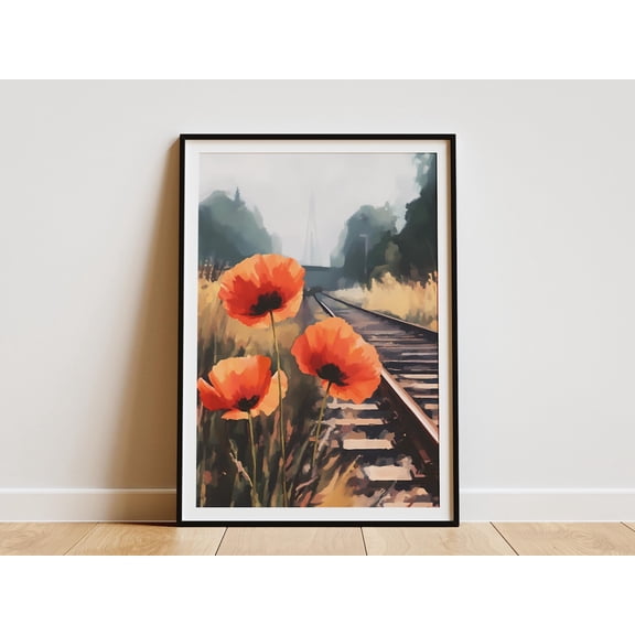 Red Poppies Blooming Near Train Tracks Botanical Illustration Floral Nature Railway Landscape Summer Poster Unframed Paper Print