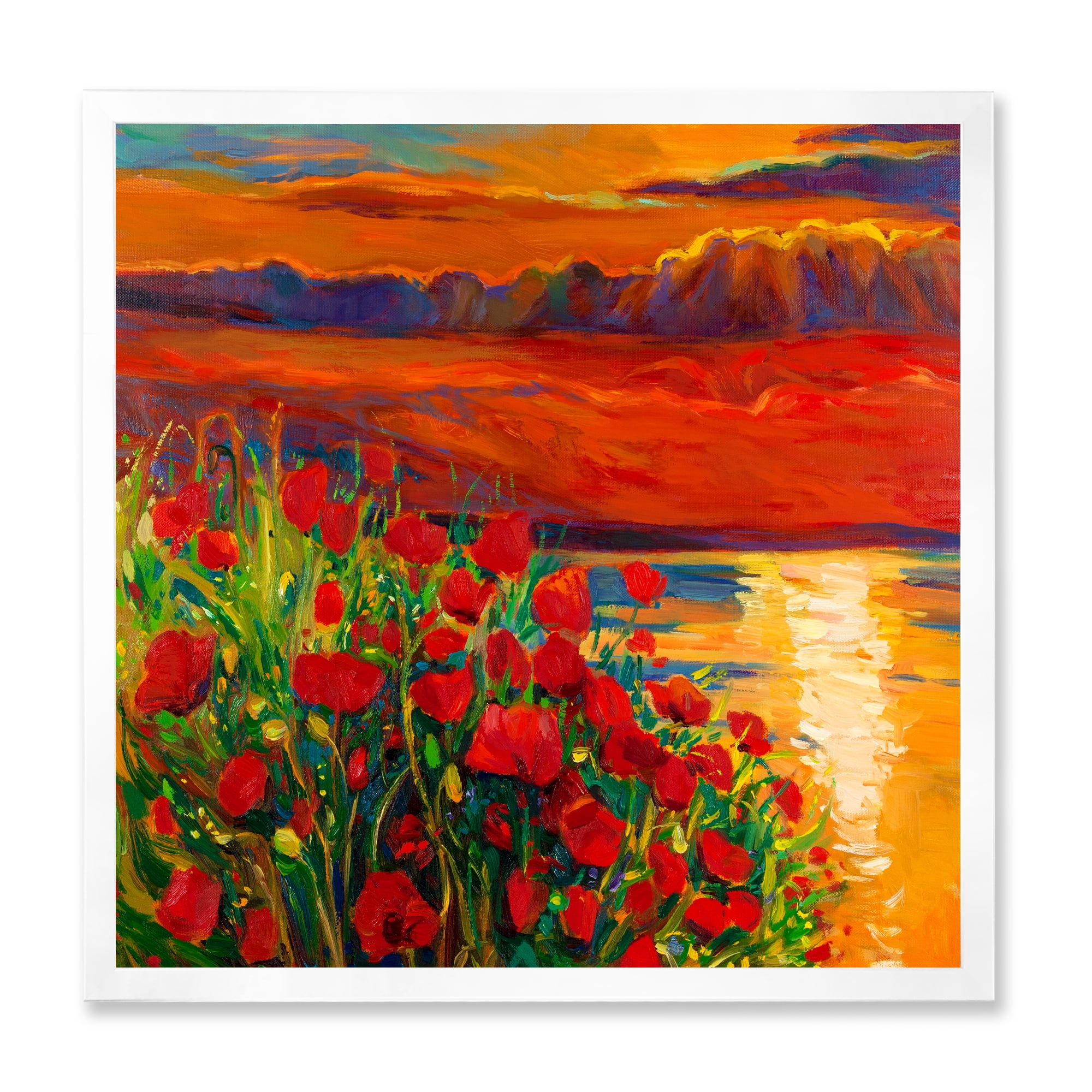 Red Poppies By The Ocean During Evening Glow 16 in x 16 in Framed Painting Canvas Art Print, by Designart
