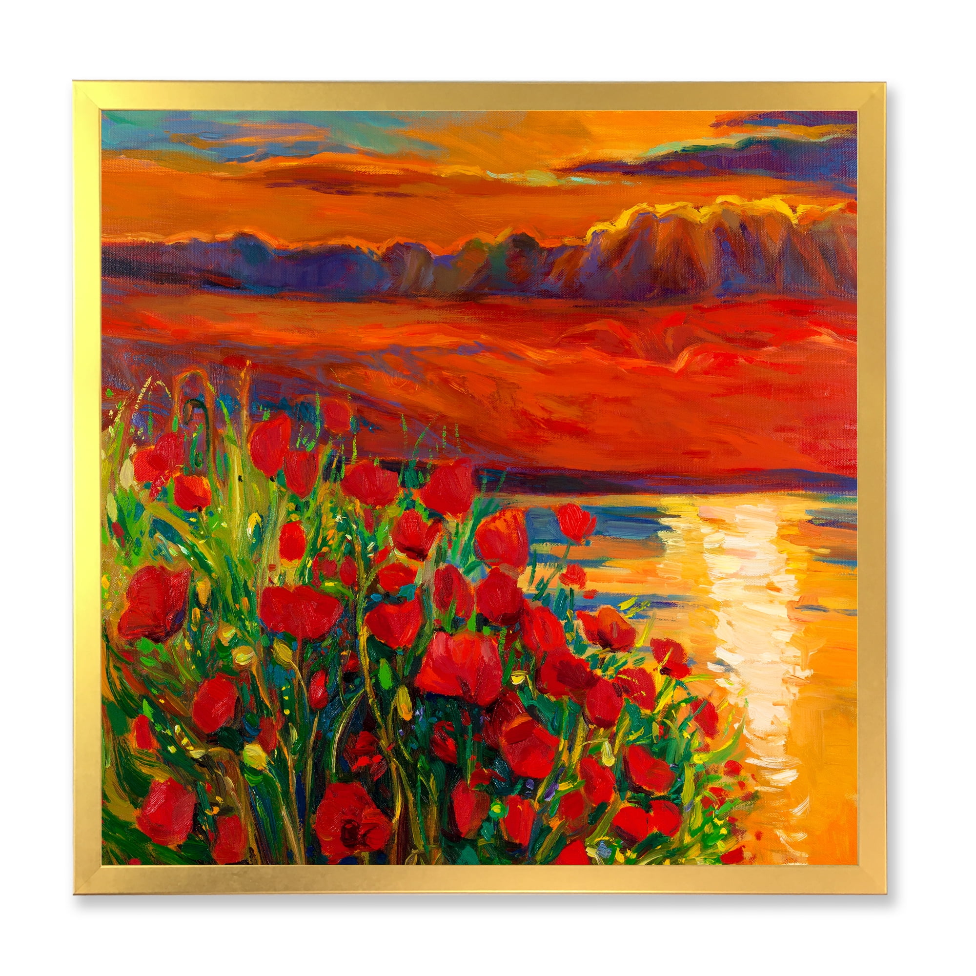 Red Poppies By The Ocean During Evening Glow 36 in x 36 in Framed Painting Canvas Art Print, by Designart