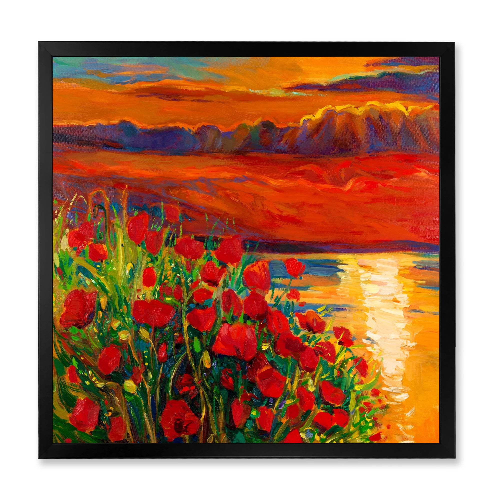 Red Poppies By The Ocean During Evening Glow 36 in x 36 in Framed Painting Canvas Art Print, by Designart