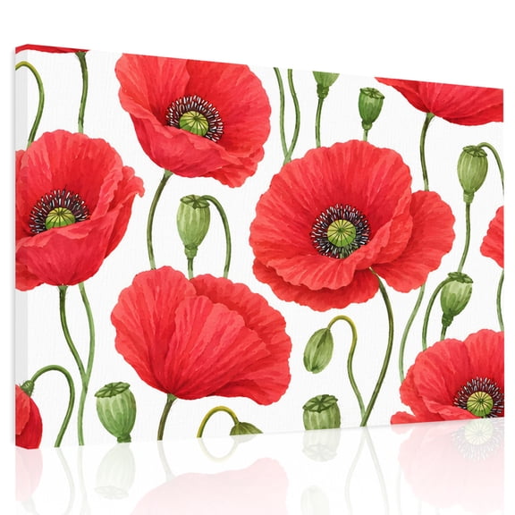 Red Poppies Canvas Print Wall Art, Modern Red Floral Buds Stems Foliage Garden Farmhouse Wall Decor Framed Artwork Paintings Pictures for Living Room Bedroom Stretched Ready to Hang, 12" x 16"