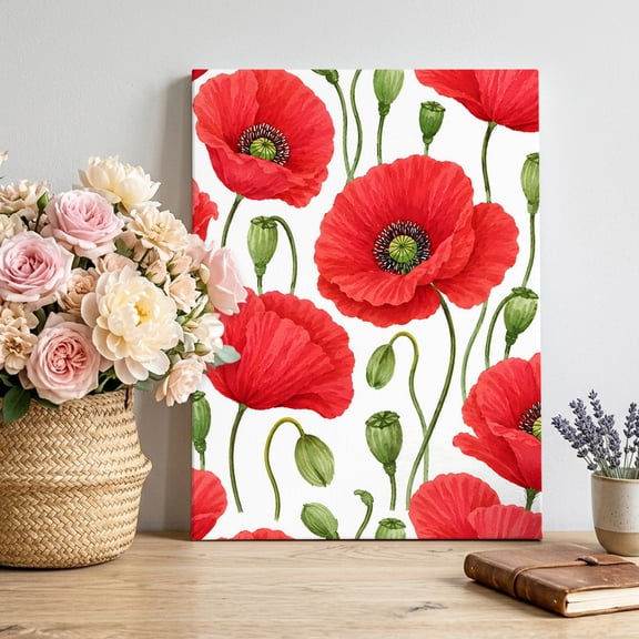 Red Poppies Canvas Wall Art for Living Room, Modern Red Floral Buds Stems Foliage Garden Farmhouse Wall Decor Framed Artwork Pictures Ready to Hang for Bedroom Office Home Decor 8x10 Inch