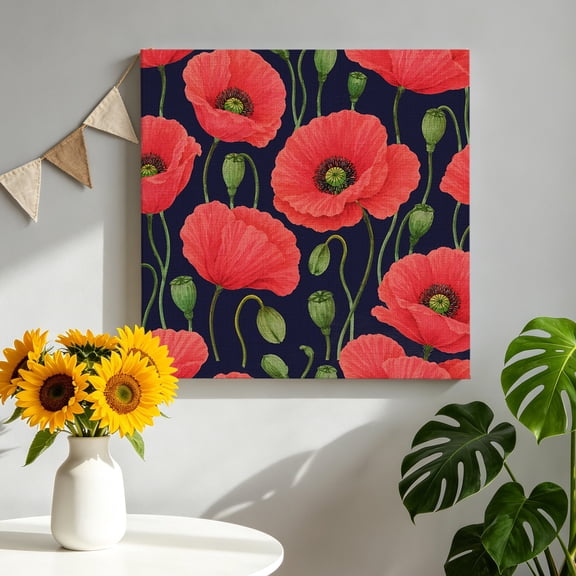 Red Poppies Canvas Wall Art for Living Room, Modern Red Floral Buds Stems Foliage Garden Navy Blue Poster Print Painting for Bedroom Office Home Decoration Wall Pictures Prepare To Hang 8"x8"