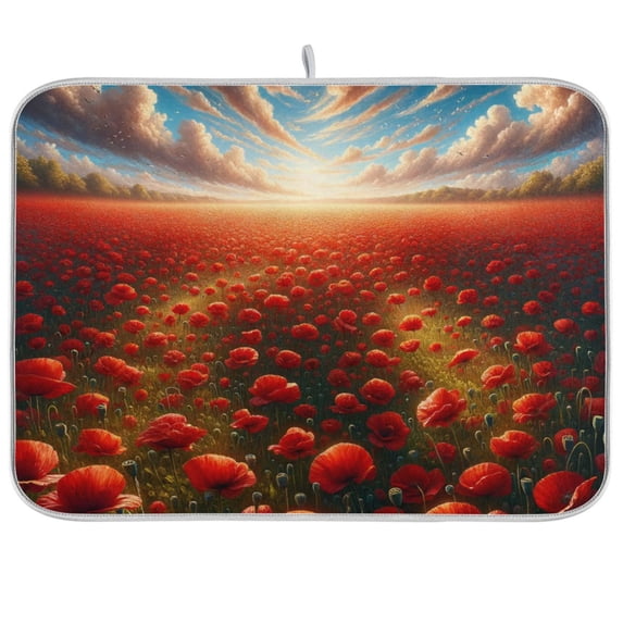 Red Poppies Dish Drying Mat Dish Drainer Rack Mats Water Absorbent Non-Slip Easy Clean Heat Resistant for Kitchen Counter