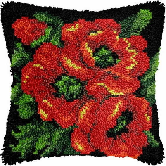 Red Poppies Latch Hook Pillow Kits Pillow Cover with Pattern Printed Canvas Crochet Cross Hooking Pillowcase Cushion Crafts Embroidery Latch Hooking Crochet Kits 17x17 inch(98)