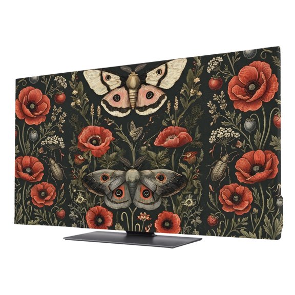 Red Poppies Nature TV Cover for 24 Inch Screen, Stretch Fabric Dustproof TV Display Protector, Mysterious Botanical Black Elastic Slipcover Monitor Cover for Indoor Desktop Computer 20.9"x11.8"