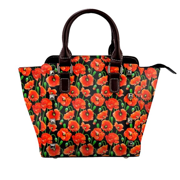 Red Poppies On Black Rivet Fashion One-Shoulder Women's Handbag Tote Bag