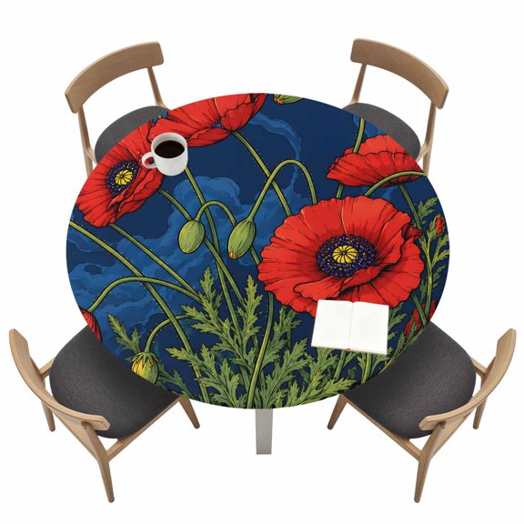 Red Poppies Round Fitted Table Cover Garden Plants Flowers Fluffy Clouds Blue Sky Bohemian Waterproof Table Cloth with Elastic Edge Wipeable Tablecloth for Picnic Camping Party Fits 55"-60" Tables