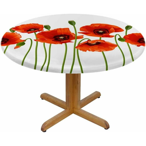 Red Poppies Round Table Cloth Floral Spring Flowers Bouquet Field Elastic Edged Table Cover Fade And Stain Resistant Table Cloths Easy To Clean Fits Tables 40-44" Diameter