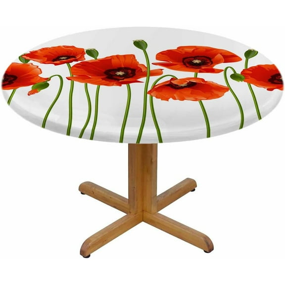 Red Poppies Round Table Cloth Floral Spring Flowers Bouquet Field Elastic Edged Table Cover Fade And Stain Resistant Table Cloths Easy To Clean Fits Tables 40-44" Diameter