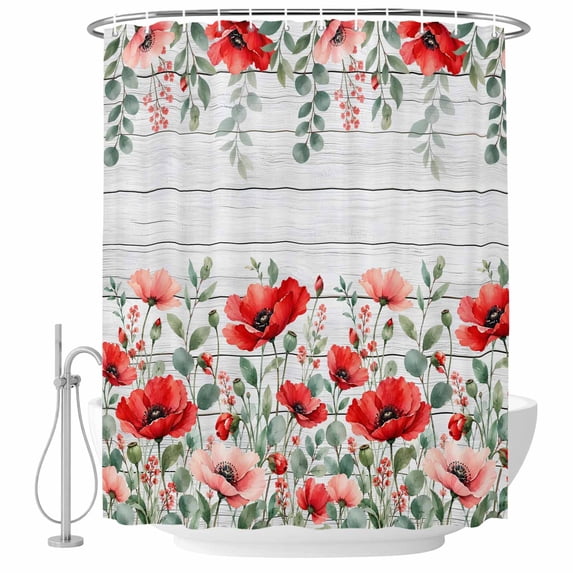 Red Poppies Shower Curtain for Bathroom, Rustic Floral Green Leaves ...