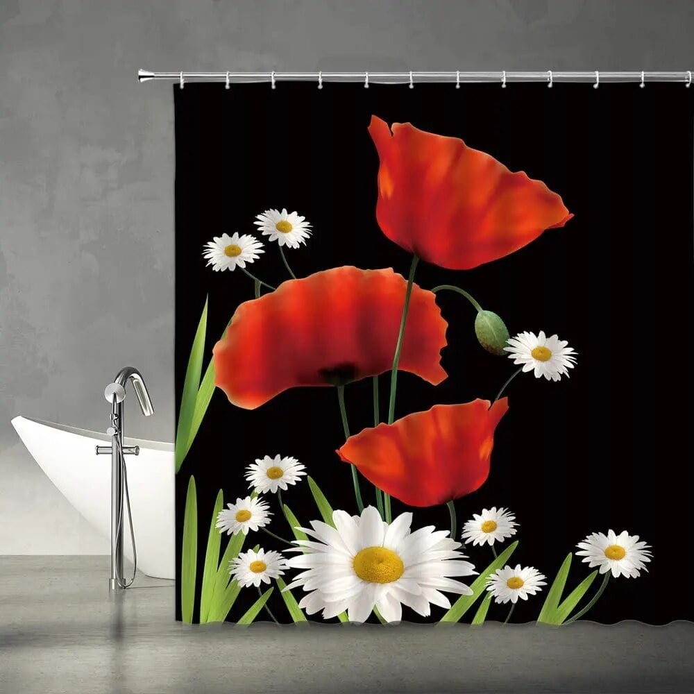 Red Poppies Shower Curtain White Daisy Floral Nature Rustic Flower