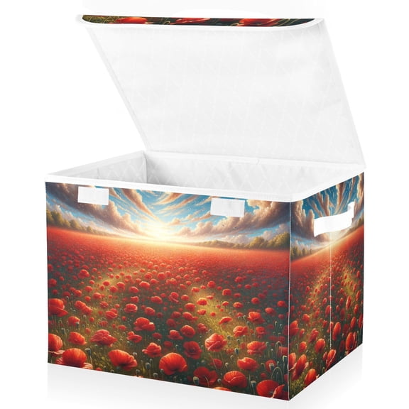 Red Poppies Storage Basket for Shelves Foldable Container Organizer for Organizing Toys Clothes Books with Handles