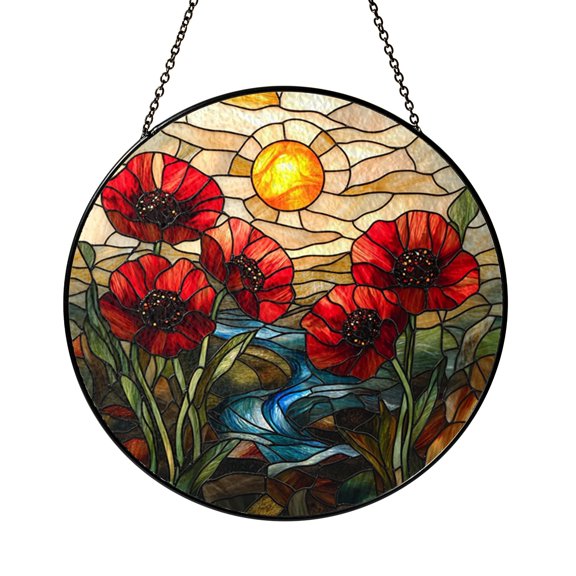 Red Poppies Stream Stained Glass Window Sun Catcher, Flowing Floral Landscape Home Decor Gift