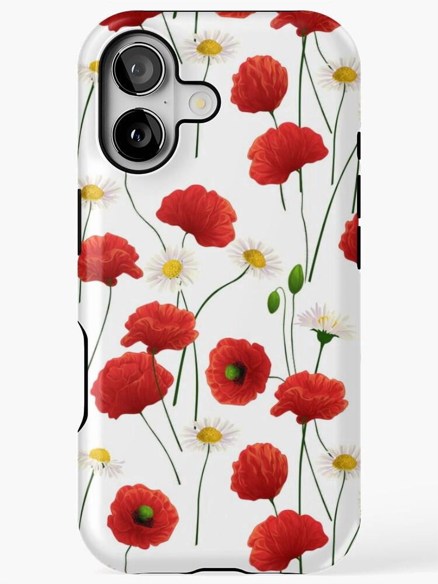 White Electronic Pattern Red Poppies and White Daisies Tough iPhone Case, Polycarbonate and TPU ...