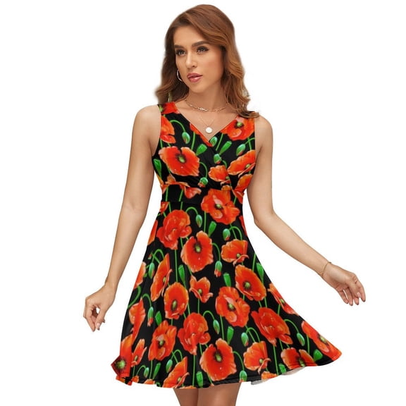 Red Poppies on Black Dress Summer Street Style Dresses Female Sleeveless Printed Sundress