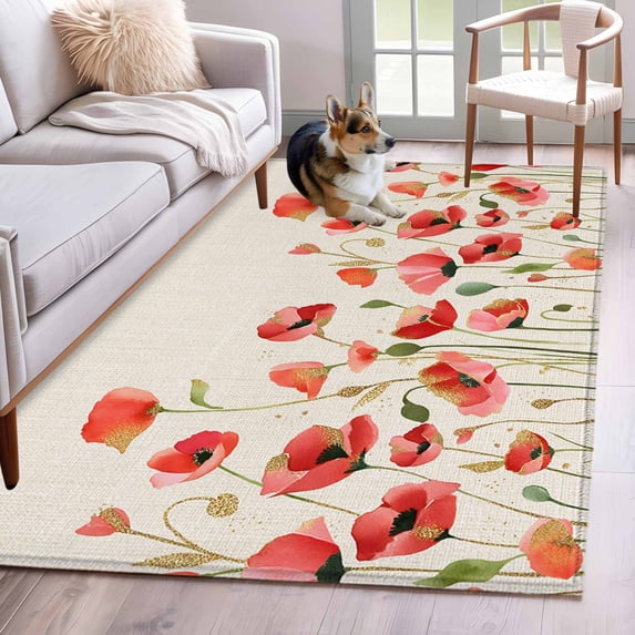 Red Poppy Area Rugs 2.7'x5', Washable Small Throw Rugs for Kitchen Bedroom, Spring Summer Flowers Botanical Rustic Indoor Outdoor Rug Non-Slip Low Pile Carpet Runner Reversible Floor Mats