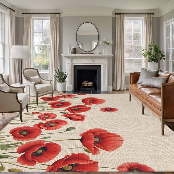 Red Poppy Area Rugs 5'x7', Washable Small Throw Rugs for Laundry Room Playroom, Spring Summer Farmhouse Flowers Rustic Burlap Indoor Outdoor Rug Non-Slip Low Pile Carpet Runner Reversible Floor Mats