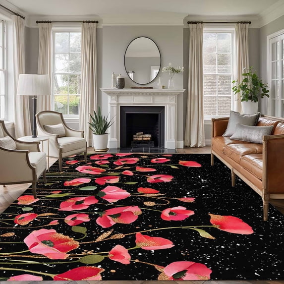 Red Poppy Area Rugs 8'x10', Washable Small Throw Rugs for Living Room Patio, Spring Summer Flowers Botanical Black Indoor Outdoor Rug Non-Slip Low Pile Carpet Runner Reversible Floor Mats